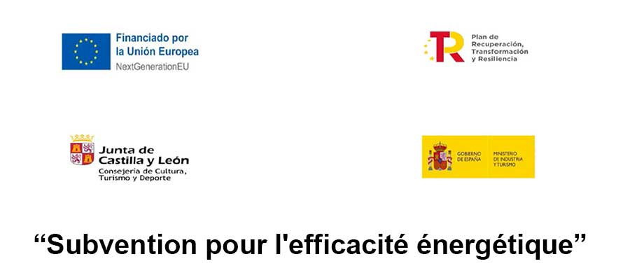Logos institutionnels de la subvention pour l'efficacité énergétique financée par l'Union européenne, NextGenerationEU, la Junta de Castilla y León et le gouvernement espagnol